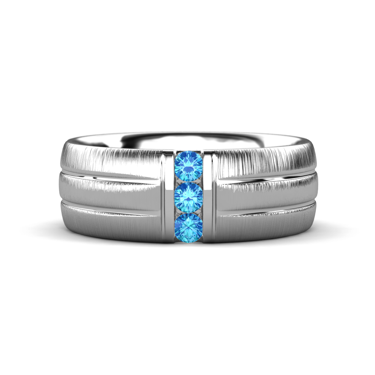 LeBron Round Blue Topaz with Brushed and Polished Finish Three Stone Men's Wedding Band (8 mm) 